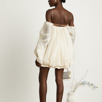 Adalgisa Mini Dress in Neutrals and Brown Tones with Bell Sleeves and Pleated Design