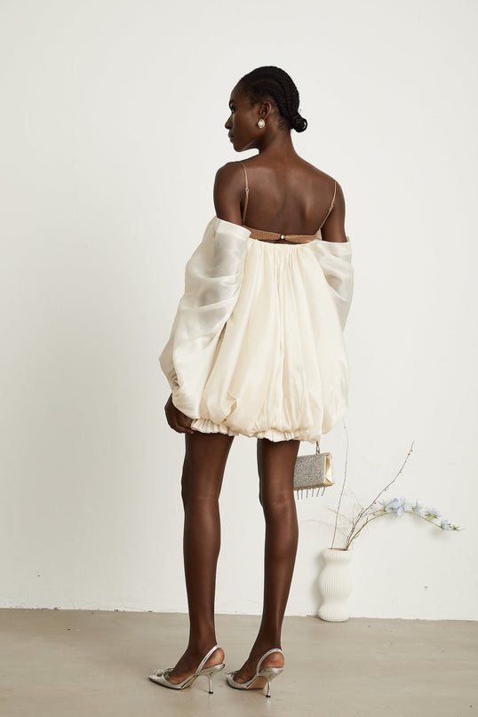 Adalgisa Mini Dress in Neutrals and Brown Tones with Bell Sleeves and Pleated Design