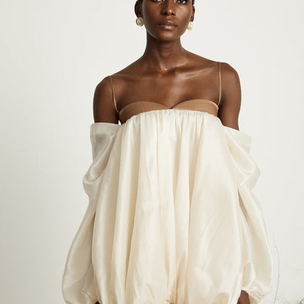 Adalgisa Mini Dress in Neutrals and Brown Tones with Bell Sleeves and Spaghetti Straps