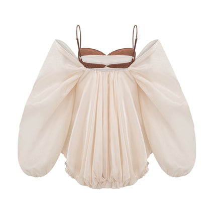 Adalgisa Mini Dress in Neutrals and Brown Tones Bell Sleeves Spaghetti Straps Pleated Design Ruffled Trim Puffy Hem Rear Button Fastening Viscose Elastane Blend Luxury Elegance Sophistication Timeless Style