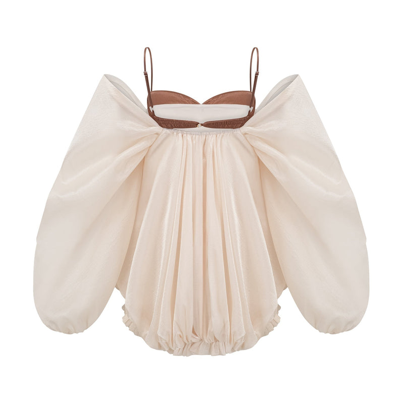 Adalgisa Mini Dress in Neutrals and Brown Tones Bell Sleeves Spaghetti Straps Pleated Design Ruffled Trim Puffy Hem Rear Button Fastening Viscose Elastane Blend Luxury Elegance Sophistication Timeless Style