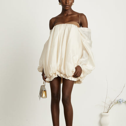 Adalgisa Mini Dress in Neutrals and Brown Tones Bell Sleeves Spaghetti Straps Pleated Design Ruffled Trim Puffy Hem Rear Button Fastening Viscose Elastane Blend Luxury Elegance Sophistication Timeless Style