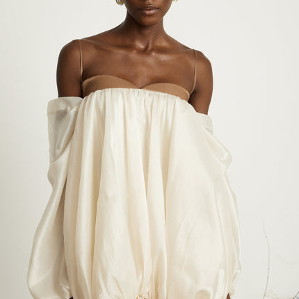 Adalgisa Mini Dress neutrals brown tones bell sleeves spaghetti straps pleated design ruffled trim puffy hem rear button fastening viscose elastane luxury elegance timeless style statement event