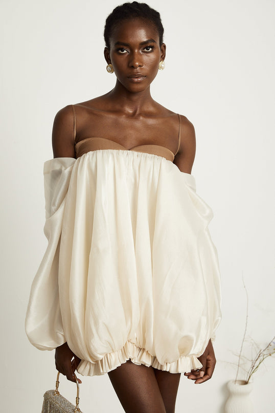 Adalgisa Mini Dress neutrals brown tones bell sleeves spaghetti straps pleated design ruffled trim puffy hem rear button fastening viscose elastane luxury elegance timeless style statement event