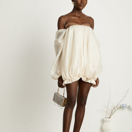 Adalgisa Mini Dress in Neutrals and Brown Tones Bell Sleeves Spaghetti Straps Pleated Design Ruffled Trim Puffy Hem Rear Button Fastening Viscose Elastane Blend Luxury Elegance Statement Piece Timeless Style