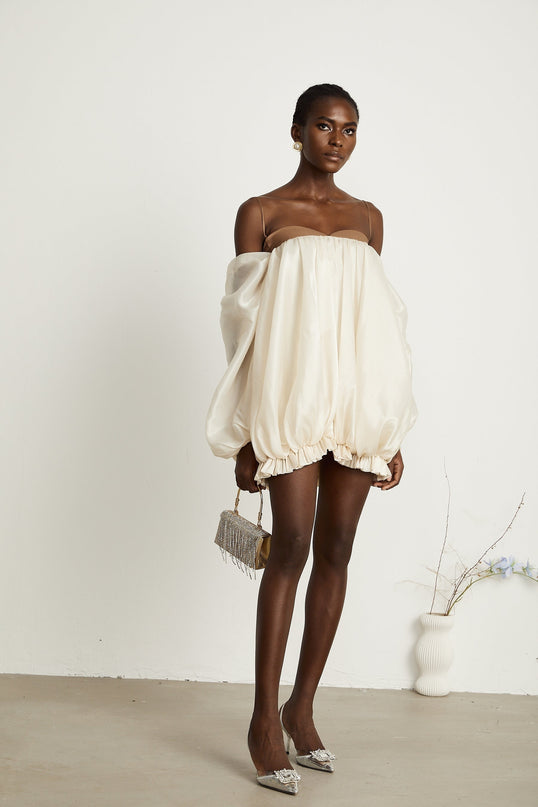 Adalgisa Mini Dress in Neutrals and Brown Tones Bell Sleeves Spaghetti Straps Pleated Design Ruffled Trim Puffy Hem Rear Button Fastening Viscose Elastane Blend Luxury Elegance Statement Piece Timeless Style