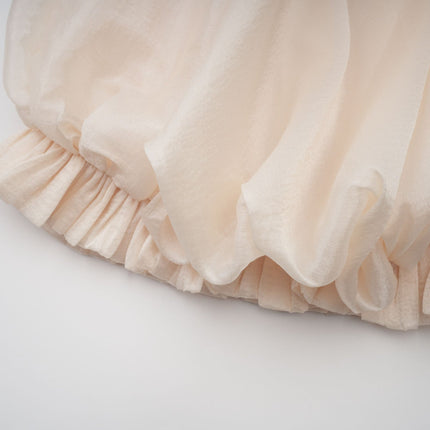 Adalgisa Mini Dress in Neutrals Bell Sleeves Spaghetti Straps Pleated Design Ruffled Trim Puffy Hem Rear Button Fastening Viscose Elastane Brown Tones