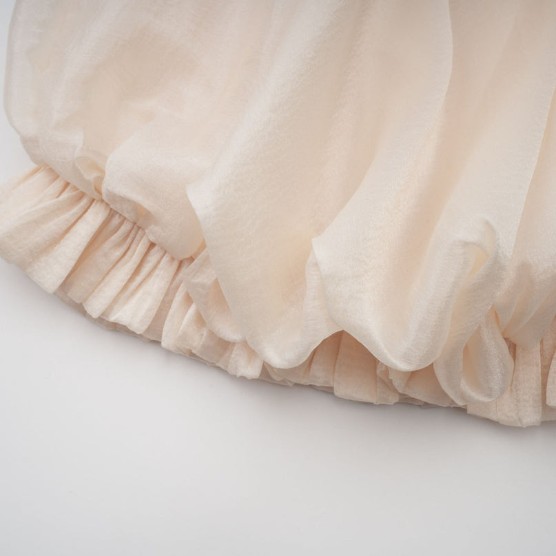 Adalgisa Mini Dress in Neutrals Bell Sleeves Spaghetti Straps Pleated Design Ruffled Trim Puffy Hem Rear Button Fastening Viscose Elastane Brown Tones