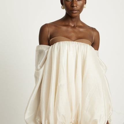 Adalgisa Mini Dress in Neutrals and Brown Tones with Bell Sleeves and Pleated Design