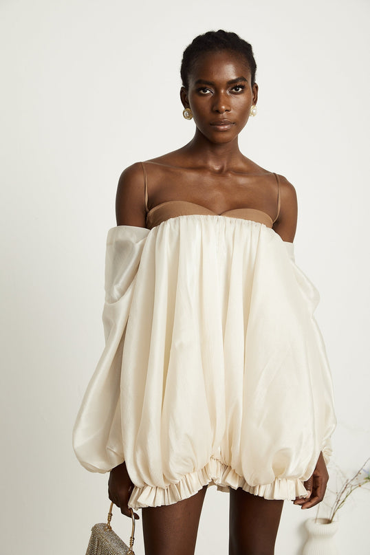 Adalgisa Mini Dress in Neutrals and Brown Tones with Bell Sleeves and Pleated Design