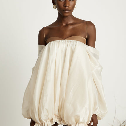 Adalgisa Mini Dress Neutrals Brown Bell Sleeves Spaghetti Straps Pleated Ruffled Trim Puffy Hem Sophistication Viscose Elastane Timeless Style