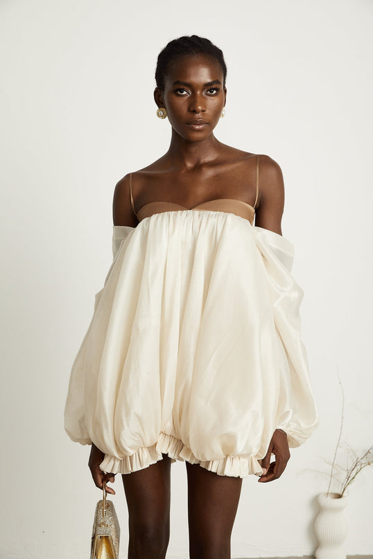 Adalgisa Mini Dress Neutrals Brown Bell Sleeves Spaghetti Straps Pleated Ruffled Trim Puffy Hem Sophistication Viscose Elastane Timeless Style
