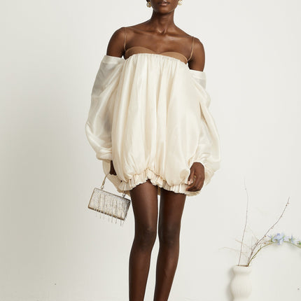 Adalgisa Mini Dress in Neutrals and Brown Tones with Bell Sleeves and Pleated Design