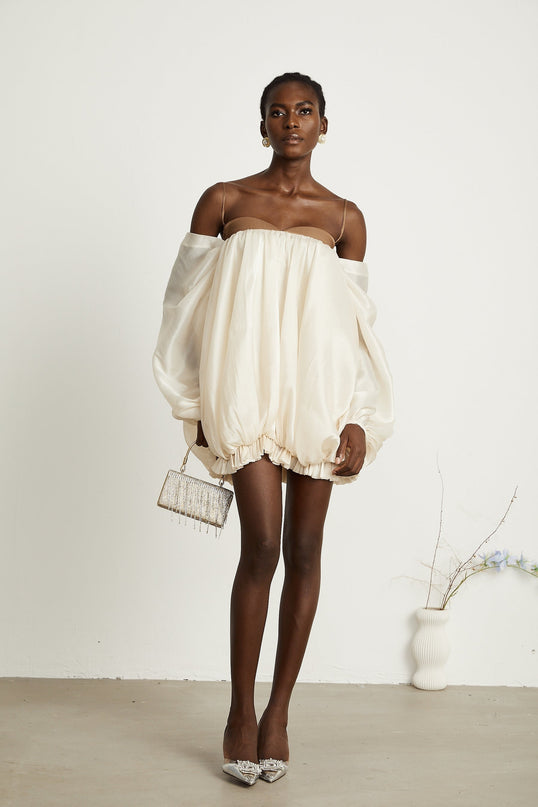 Adalgisa Mini Dress in Neutrals and Brown Tones with Bell Sleeves and Pleated Design