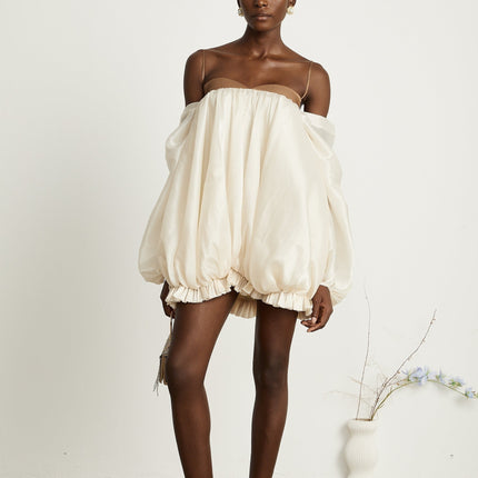 Adalgisa Mini Dress in Neutrals Bell Sleeves Spaghetti Straps Pleated Design Ruffled Trim Puffy Hem Rear Button Fastening Viscose Elastane Brown Tones