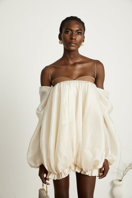 Adalgisa Mini Dress in Neutrals luxury elegance bell sleeves spaghetti straps pleated ruffled trim puffy hem button fastening blend Viscose Elastane brown tones timeless style statement event