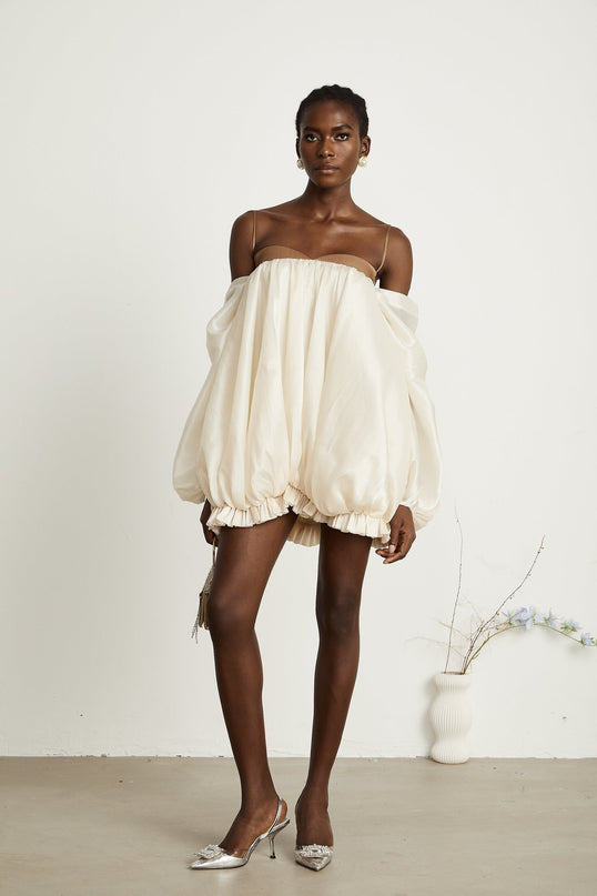 Adalgisa Mini Dress in Neutrals Bell Sleeves Spaghetti Straps Pleated Design Ruffled Trim Puffy Hem Rear Button Fastening Viscose Elastane Brown Tones