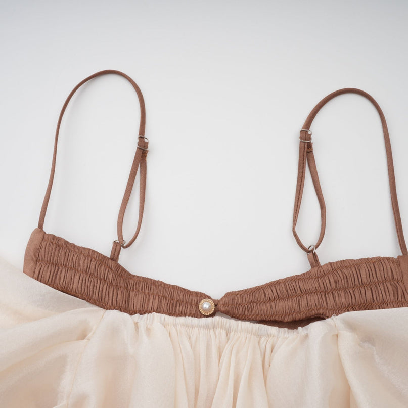 Adalgisa Mini Dress in Neutrals Bell Sleeves Spaghetti Straps Pleated Ruffled Trim Puffy Hem Viscose Elastane Brown Tones Sophisticated Elegant Luxury Event Fashion