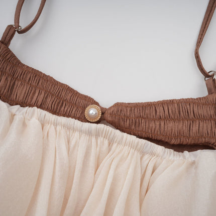 Adalgisa Mini Dress in Neutrals luxury elegance bell sleeves spaghetti straps pleated design ruffled trim puffy hem rear button fastening mini length blend Viscose Elastane brown tones statement timeless style