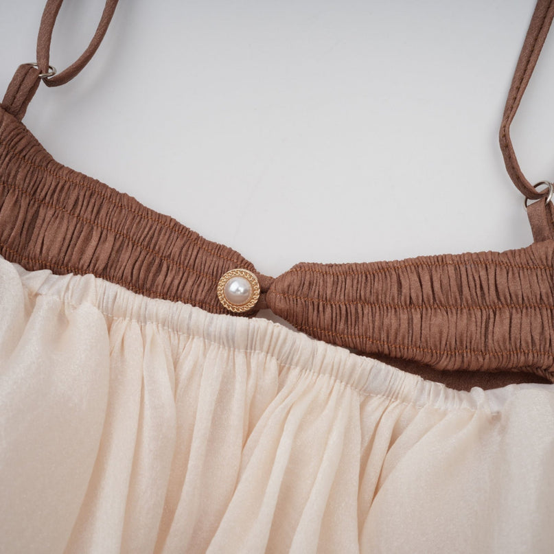 Adalgisa Mini Dress in Neutrals luxury elegance bell sleeves spaghetti straps pleated design ruffled trim puffy hem rear button fastening mini length blend Viscose Elastane brown tones statement timeless style