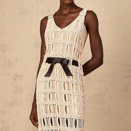 Adalgisa Pink Crochet Knit Midi Dress with Bow Embellishment and Cut-Out Detailing