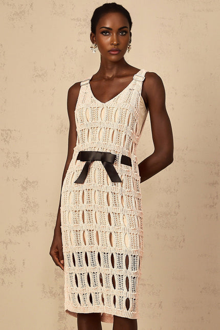 Adalgisa Pink Crochet Knit Midi Dress with Bow Embellishment and Cut-Out Detailing