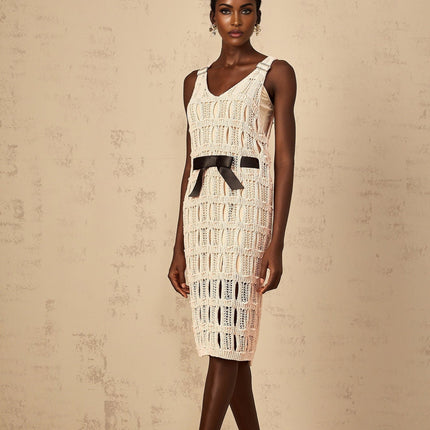 Adalgisa Pink Crochet Knit Midi Dress with Bow Embellishment and Cut-Out Detailing
