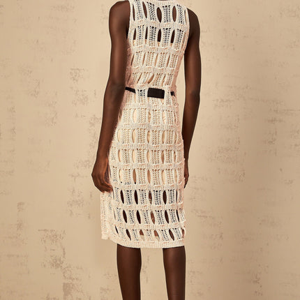 Adalgisa Pink Crochet Knit Midi Dress with Bow Embellishment and Cut-Out Detailing