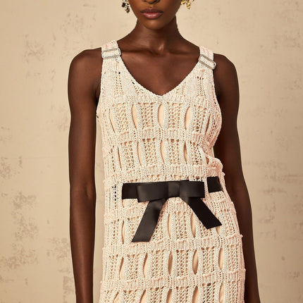 Adalgisa Pink Crochet Knit Midi Dress with Bow Embellishment and Cut-Out Detailing
