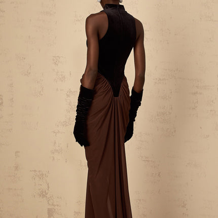 Adalyn Brown Color Blocked Maxi Dress with Velvet Panels and Ruched Detailing