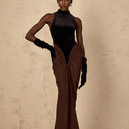Adalyn Brown Color Blocked Maxi Dress with Velvet Panelling and Ruched Detailing