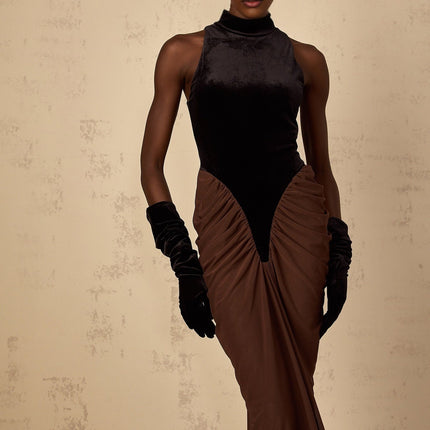 Adalyn Brown Color Blocked Maxi Dress with Velvet Paneling and Ruched Detailing