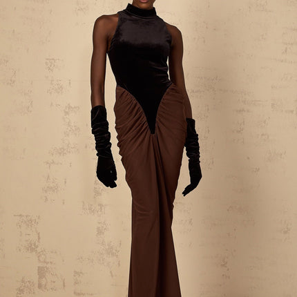 Adalyn Brown Color Blocked Maxi Dress with Cinched Waist and Ruched Detailing