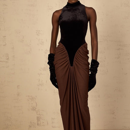 Adalyn Brown Color Blocked Maxi Dress with Velvet Panelling and Ruched Detailing