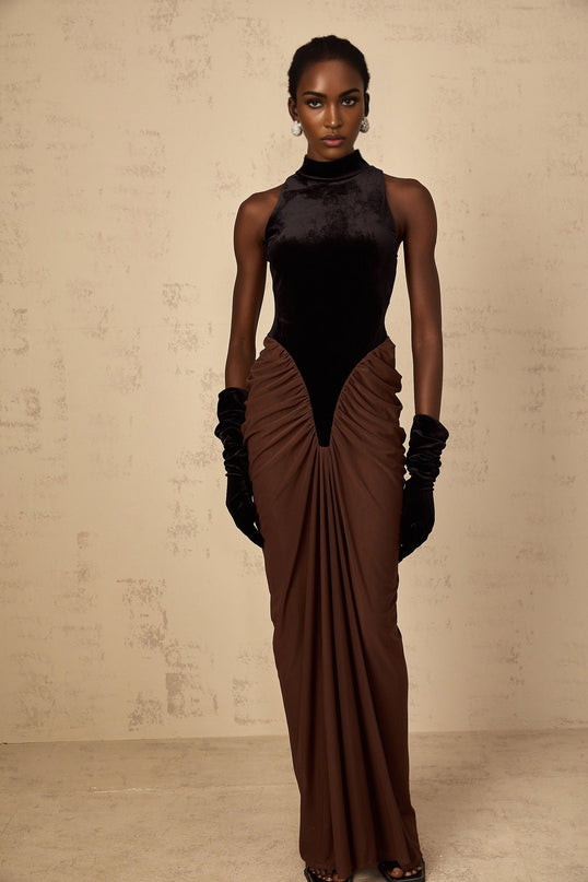 Adalyn Brown Color Blocked Maxi Dress with Velvet Panelling and Ruched Detailing
