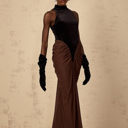 Adalyn Brown Color Blocked Maxi Dress with Ruched Detailing and Velvet Panelling