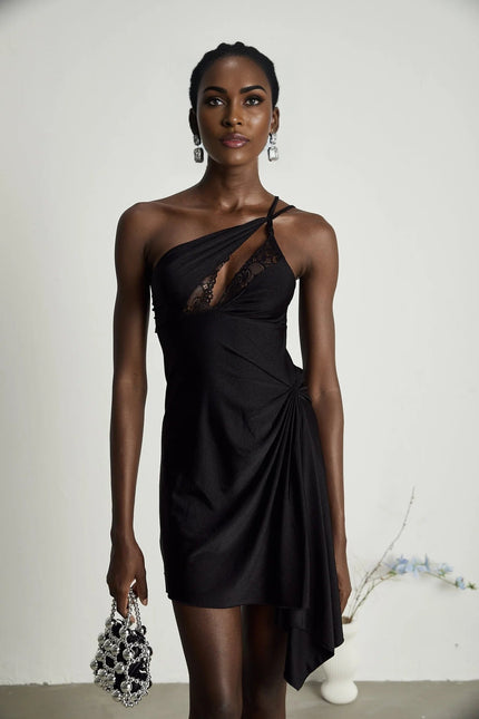 Addison Black Lace Mini Dress with Side Split and Asymmetric Hem