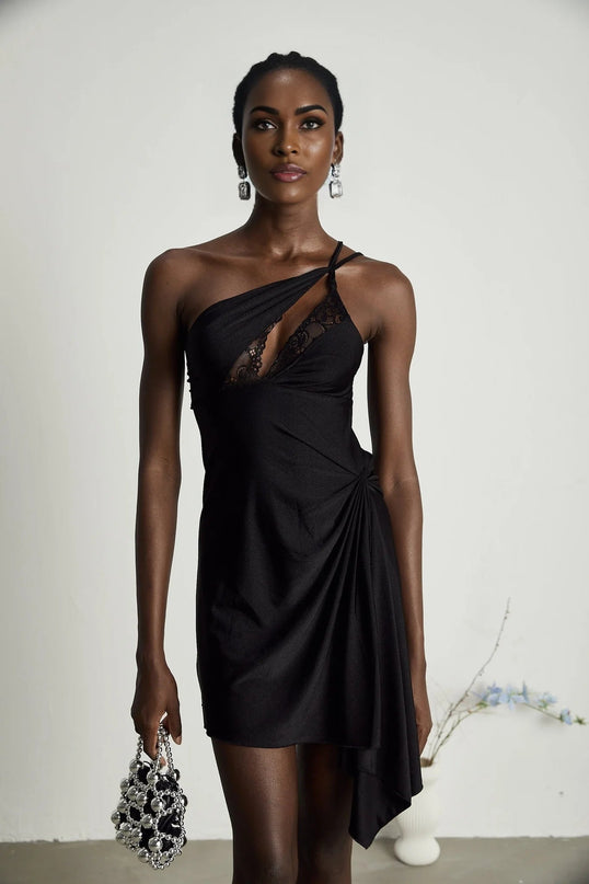 Addison Black Lace Mini Dress with Side Split and Asymmetric Hem
