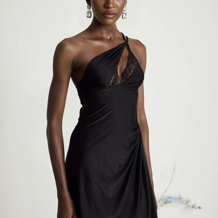Addison Black Lace Mini Dress with Side Split and One-Shoulder Silhouette