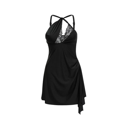 Addison Black Stretch Lace Mini Dress with Side Split and Asymmetric Hem