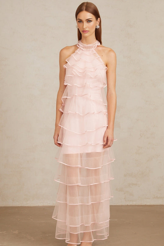 Addison Maxi Dress Pink Halterneck Ruffled Tiered Tulle Overlay Sleeveless Elegant Luxury Rear Zip 100% Nylon Polyamide Fiber Sophisticated Style Statement Grace