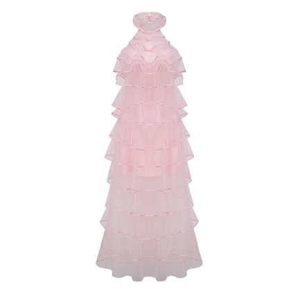 Addison Pink Maxi Dress Halterneck Ruffled Tiered Tulle Elegant Luxury Nylon Polyamide Special Occasions Soirees Sophistication Style Grace