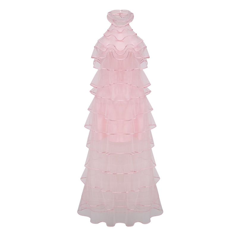 Addison Pink Maxi Dress Halterneck Ruffled Tiered Tulle Elegant Luxury Nylon Polyamide Special Occasions Soirees Sophistication Style Grace