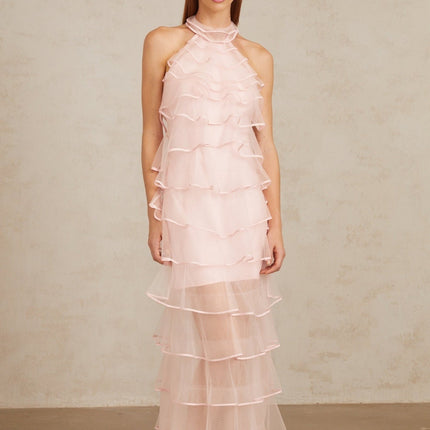 Addison Pink Maxi Dress Halterneck Ruffled Tiered Tulle Overlay Elegant Luxury Rear Zip Fastening Maxi Length Special Occasions 100% Nylon Polyamide Fiber Sophistication Style Statement Grace