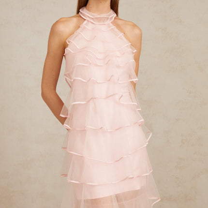 Addison Pink Maxi Dress Halterneck Ruffled Tiered Tulle Overlay Sleeveless Elegant Luxury Rear Zip Fastening Maxi Length Special Occasions 100% Nylon Polyamide Fiber Sophistication Style Statement Grace