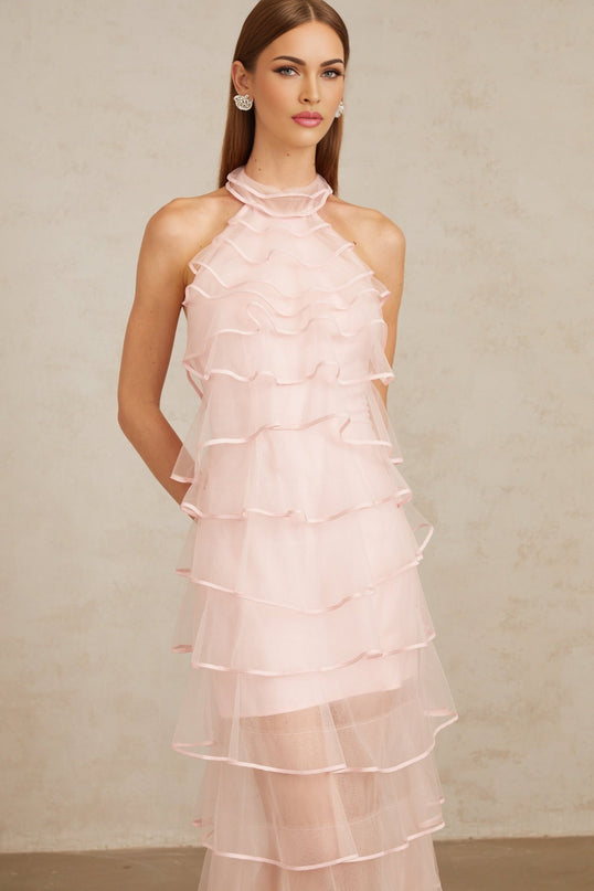 Addison Pink Maxi Dress Halterneck Ruffled Tiered Tulle Overlay Sleeveless Elegant Luxury Rear Zip Fastening Maxi Length Special Occasions 100% Nylon Polyamide Fiber Sophistication Style Statement Grace