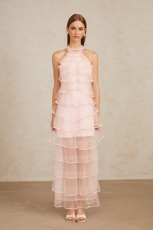 Addison Pink Maxi Dress Halterneck Ruffled Tiered Tulle Luxury Elegant Sophisticated Nylon Polyamide Fiber Special Occasions Soirées