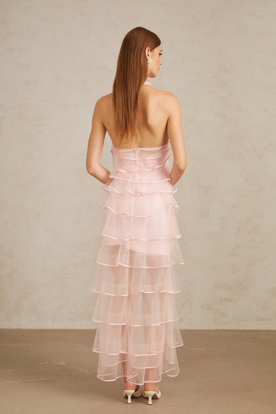 Addison Pink Maxi Dress Halterneck Ruffle Tiered Tulle Overlay Nylon Polyamide Fiber Rear Zip Special Occasions Soirees Elegance Luxury Sophistication Style