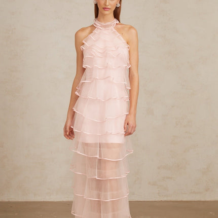 Addison Pink Maxi Dress Halterneck Ruffled Tiered Tulle Overlay