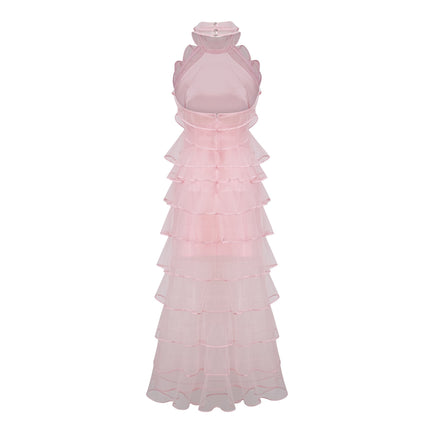 Addison Pink Maxi Dress Halterneck Ruffled Tiered Tulle Overlay Elegant Luxury Rear Zip Fastening 100% Nylon Polyamide Fiber Sophistication Style Special Occasions Soirées Statement Timeless Grace